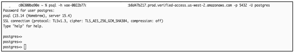 Terminal screenshot showing a PostgreSQL database connection to an AWS RDS instance using SSL/TLS encryption, with the postgres user authenticated and ready to execute commands.